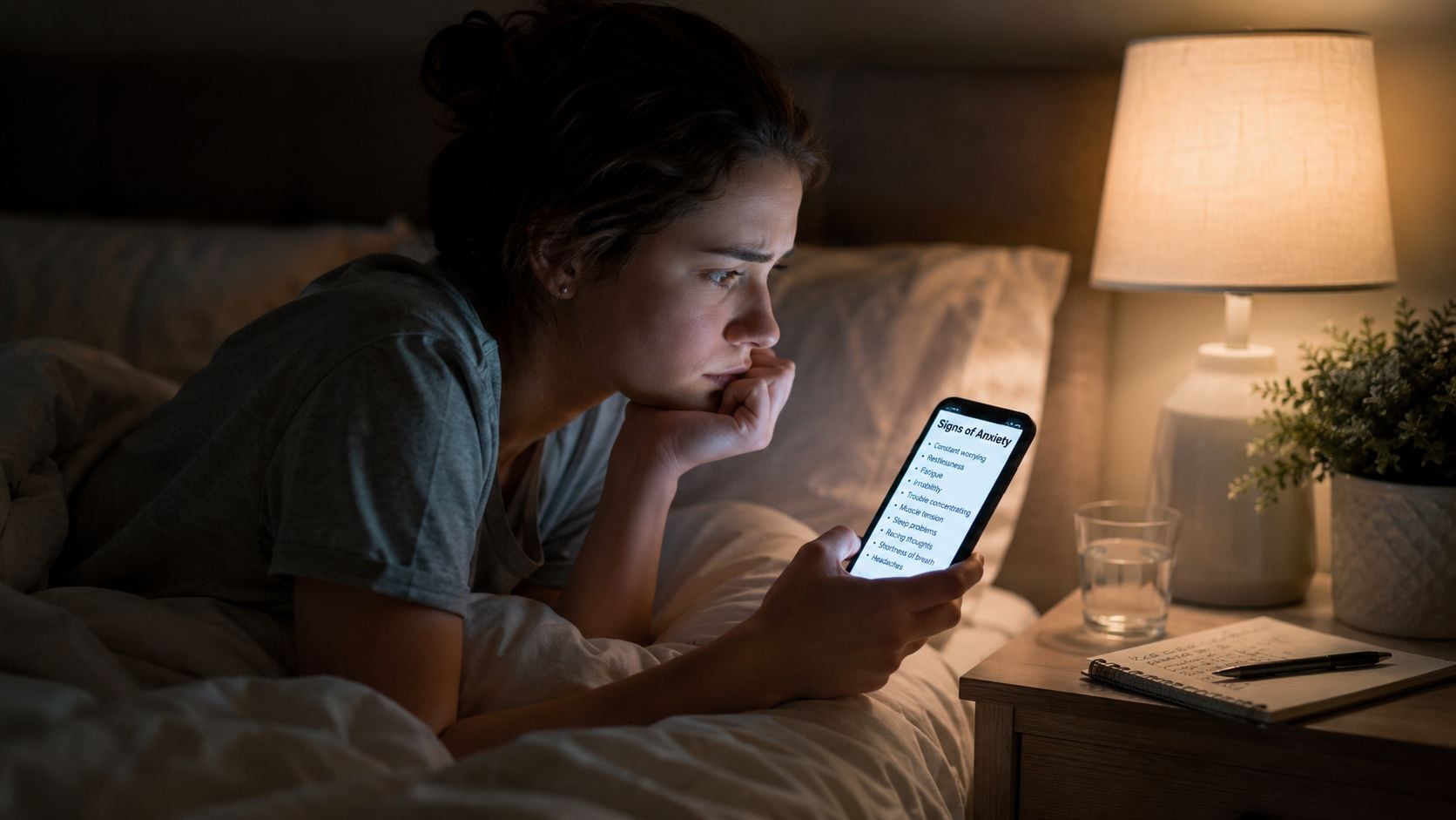 A worried woman lying in bed at night reading a list of anxiety symptoms on her smartphone.