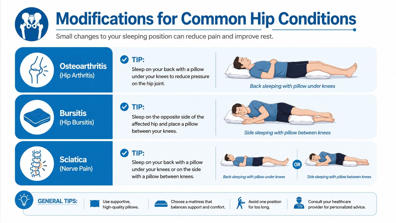 An infographic showing recommended sleeping positions to help alleviate pain from common hip conditions like arthritis and sciatica.