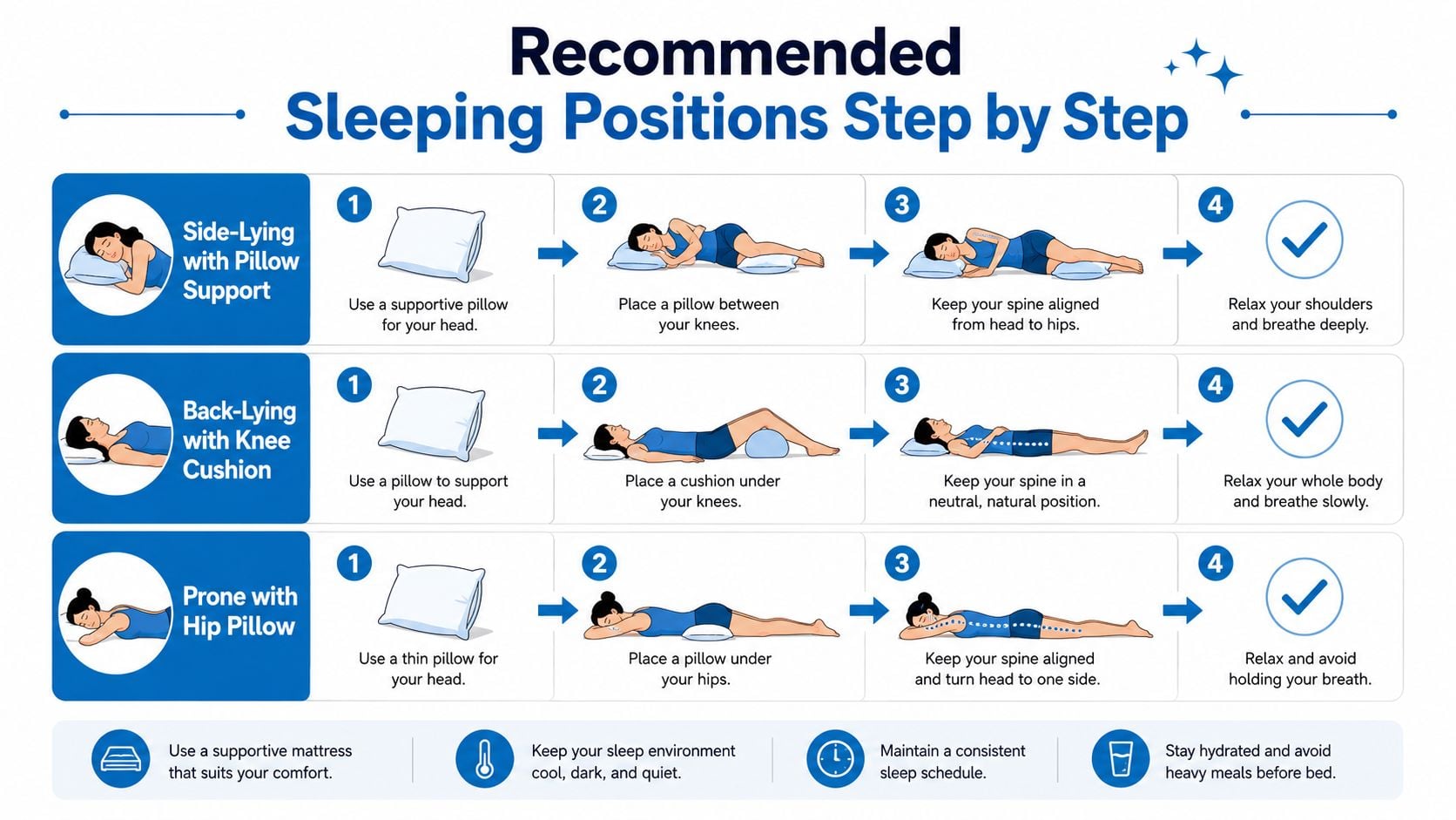 An infographic showing recommended step-by-step sleeping positions for side-lying, back-lying, and prone sleeping to improve posture.