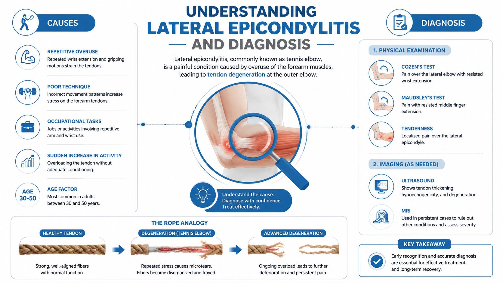 An infographic explaining the causes, diagnosis, and progression of tennis elbow, also known as lateral epicondylitis.