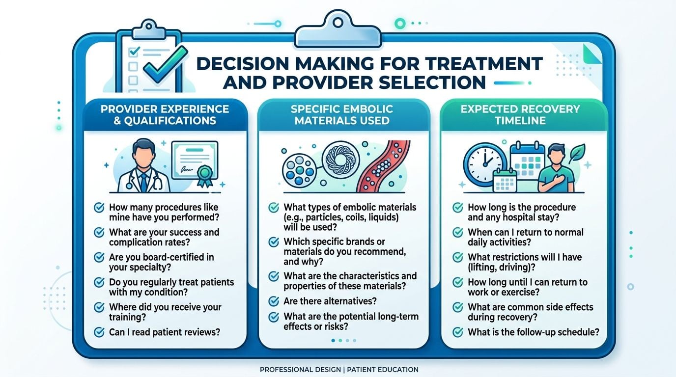 A patient education infographic outlining key questions to ask a doctor about embolization treatment and provider selection.