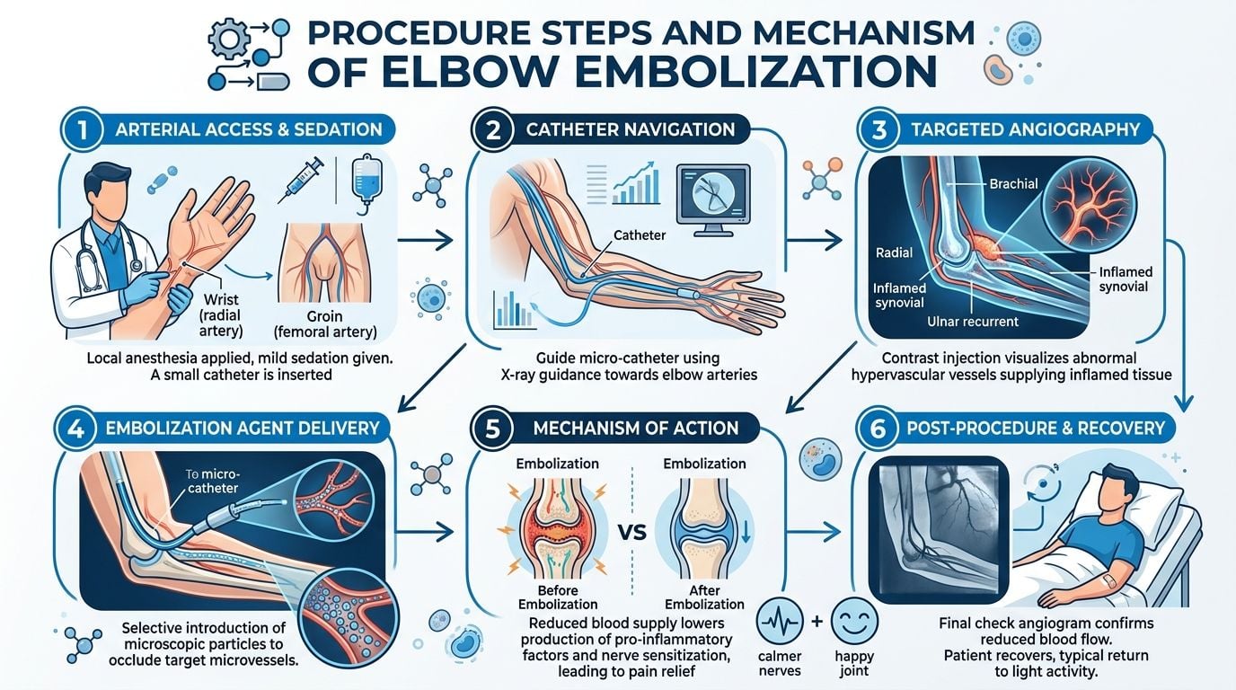 A medical infographic detailing the six-step procedure and mechanism of elbow embolization for pain relief.