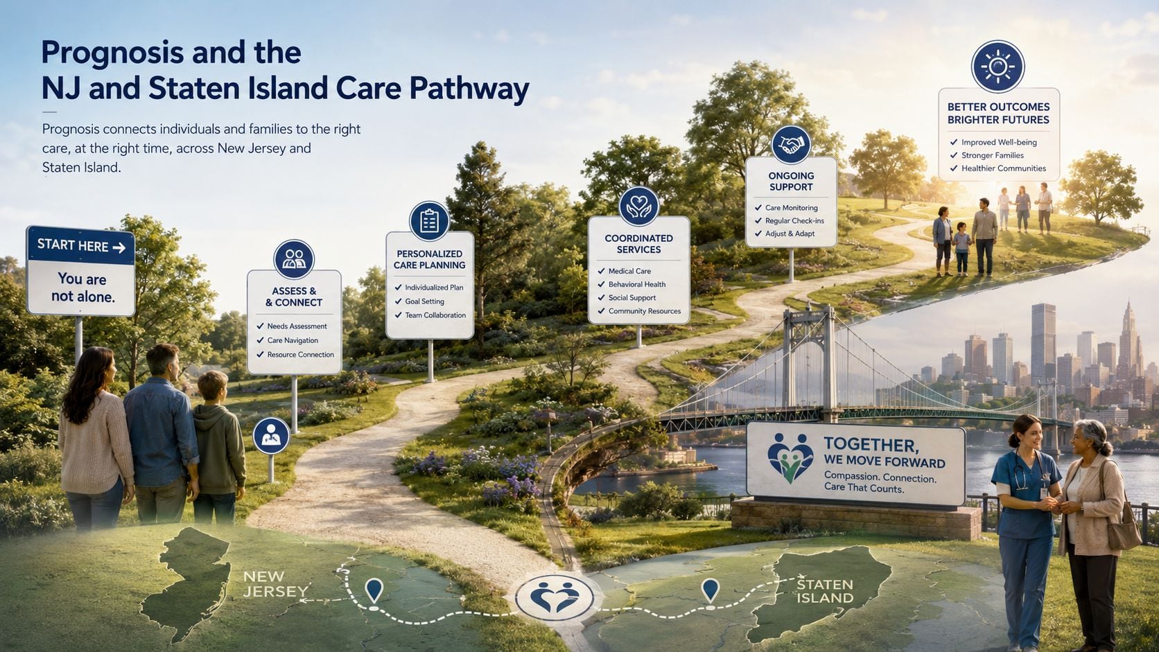 An infographic showing the Prognosis care pathway for families in New Jersey and Staten Island, visualizing health services.