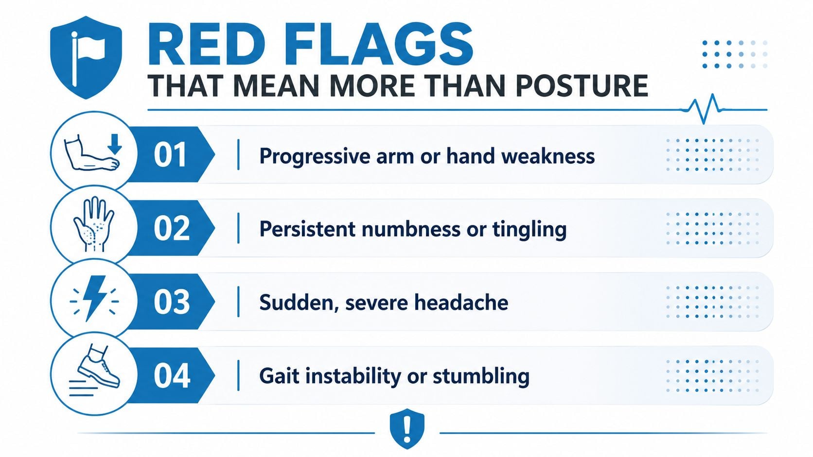 A medical infographic listing four red flag symptoms that require professional attention beyond mere poor posture issues.