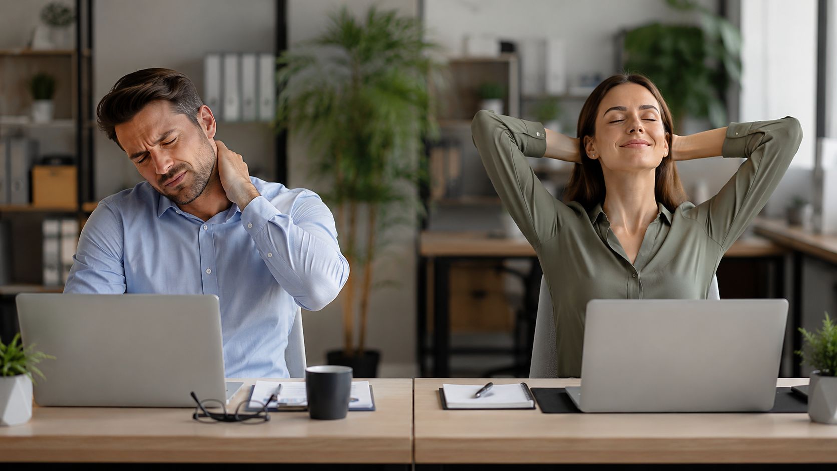 A man suffering from neck pain at his desk while a woman relaxes comfortably next to him.