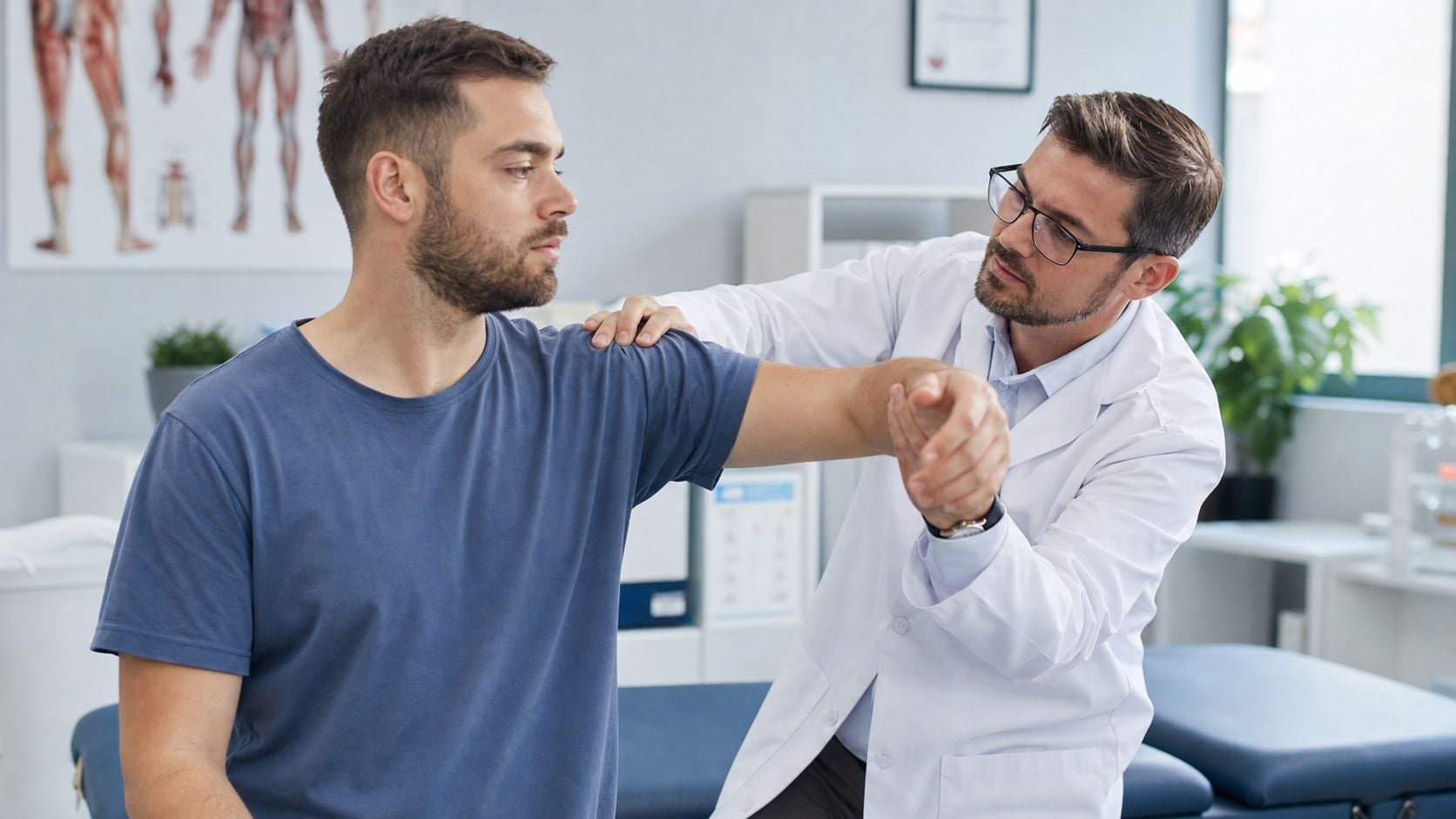 A professional physical therapist examines the shoulder movement of a male patient in a medical clinic office.