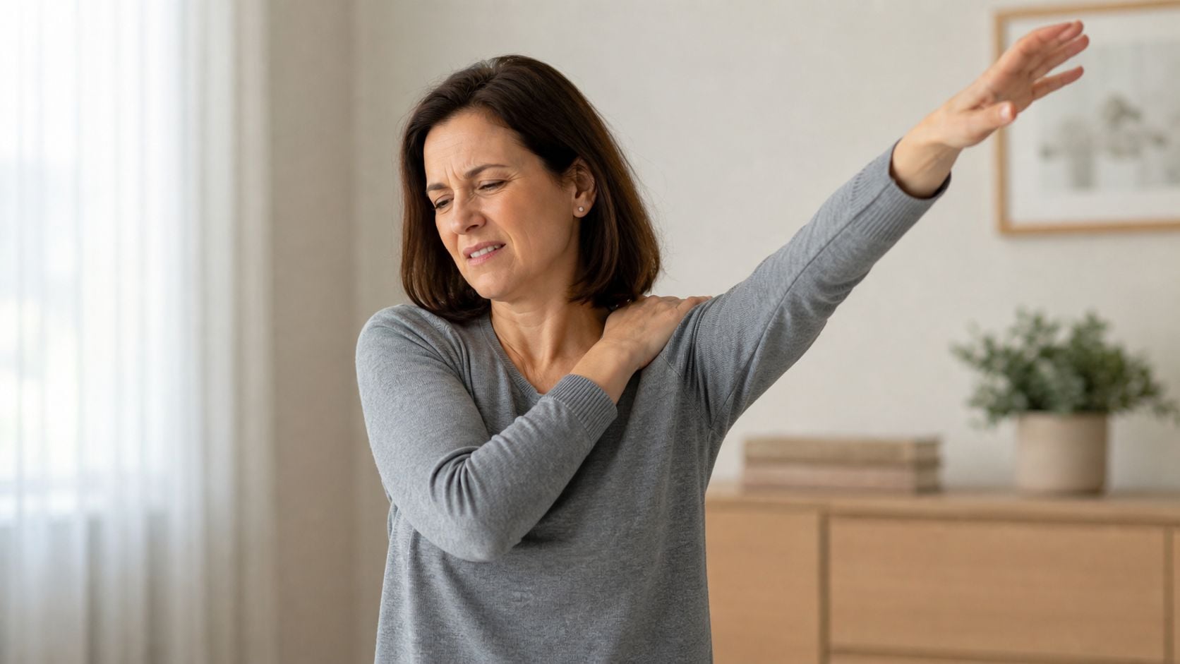 A woman in a grey sweater grimacing in pain while stretching her arm due to shoulder discomfort.