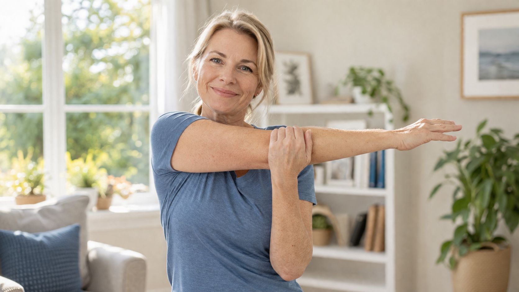 A middle-aged woman performing a shoulder stretch exercise in a bright and cozy living room.