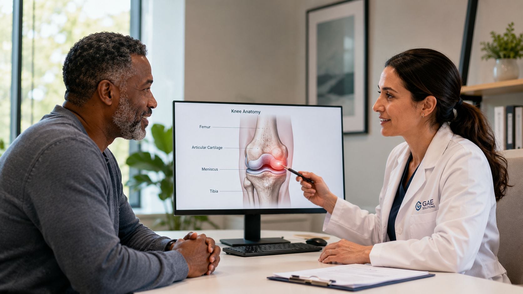 A doctor explaining knee anatomy on a computer screen to an attentive male patient in a clinic.