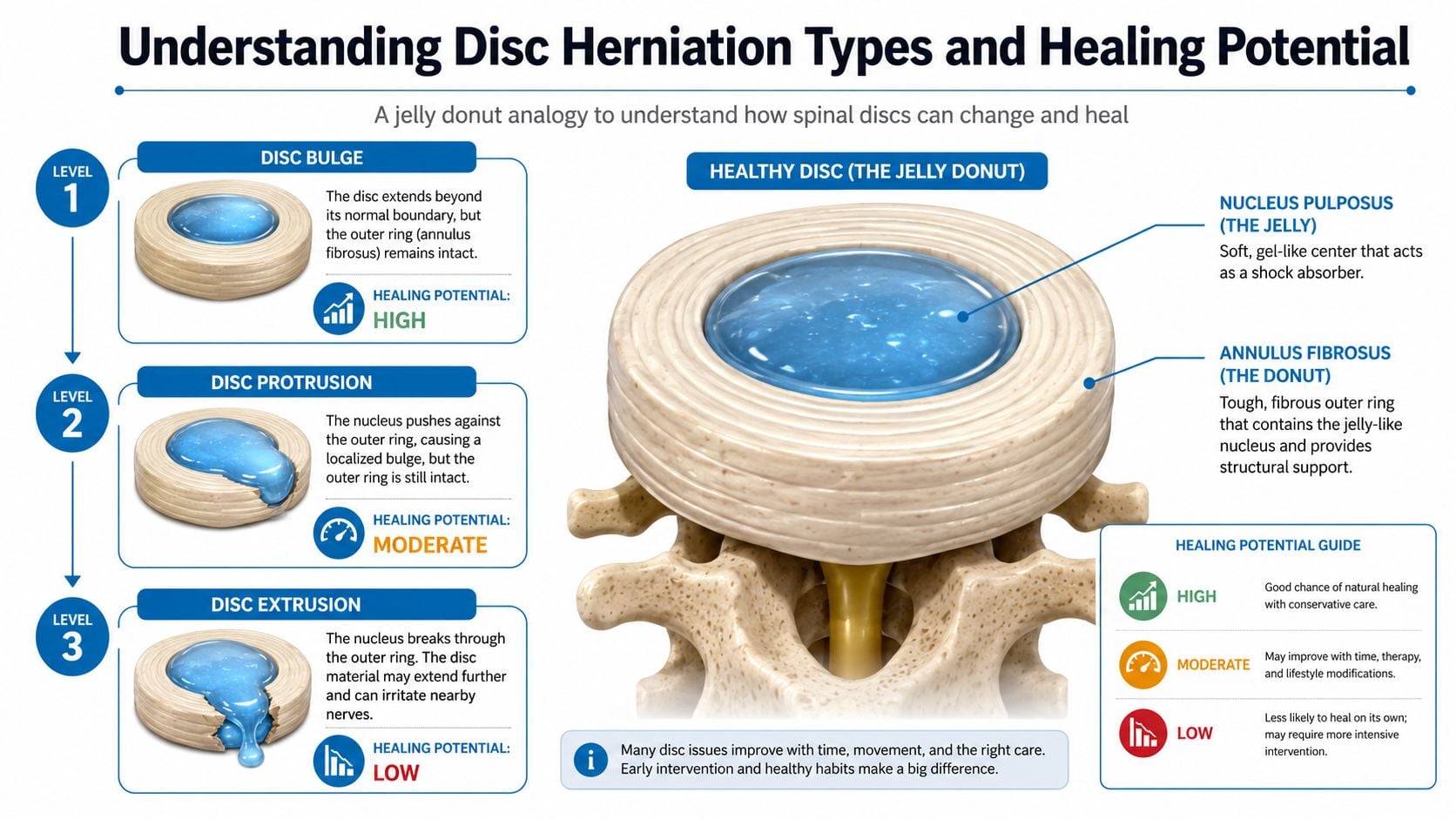 An infographic showing the three levels of spinal disc herniation using a jelly donut analogy for comparison.
