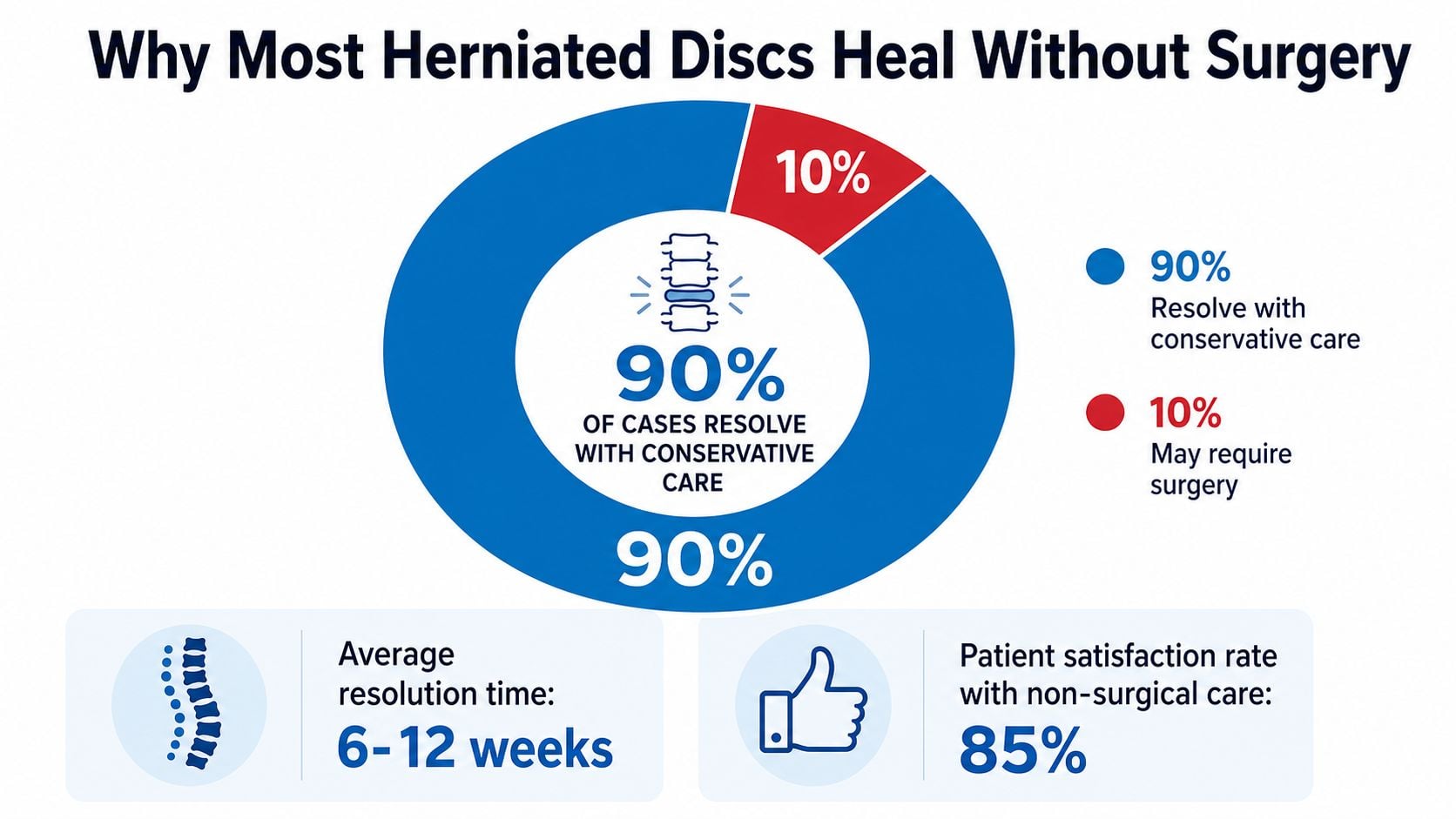 An infographic showing that 90% of herniated disc cases resolve with non-surgical conservative care.