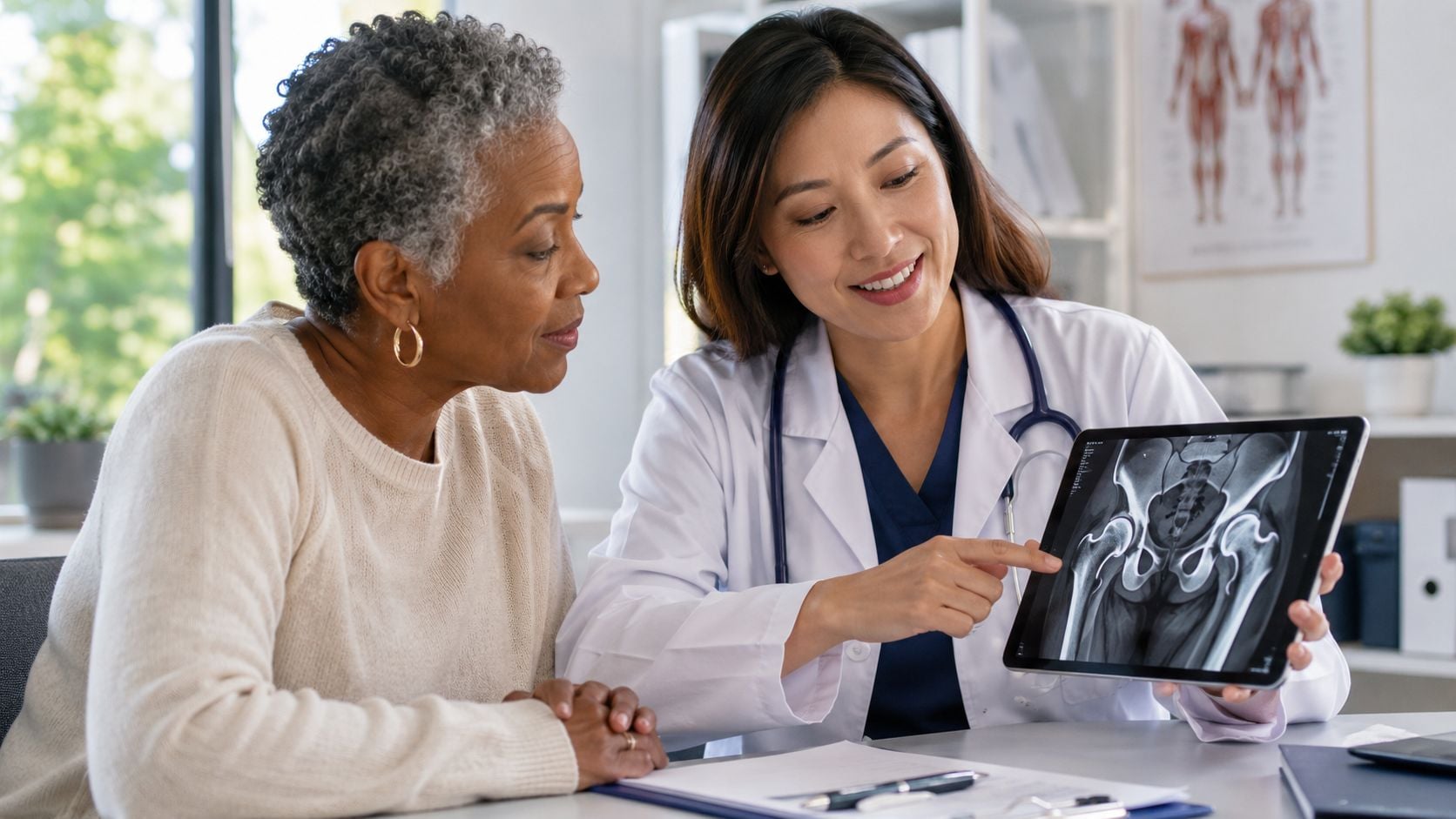 A female doctor pointing at a hip X-ray on a digital tablet for her patient in an office.