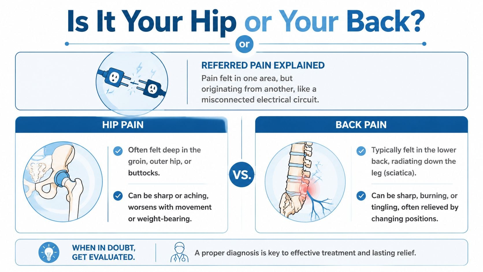An infographic illustrating the differences and symptoms between hip pain and back pain for diagnosis.