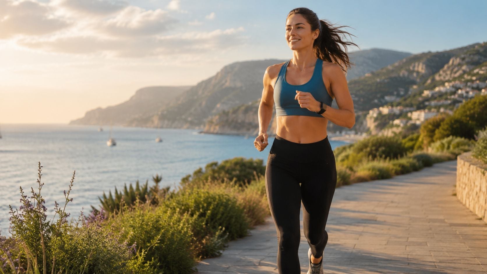 A fit woman jogging on a coastal path during sunset, promoting active and healthy lifestyle habits.