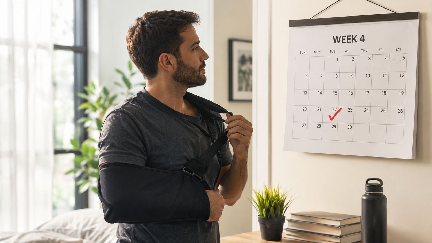A man with his arm in a sling looking at a calendar marking his recovery progress.