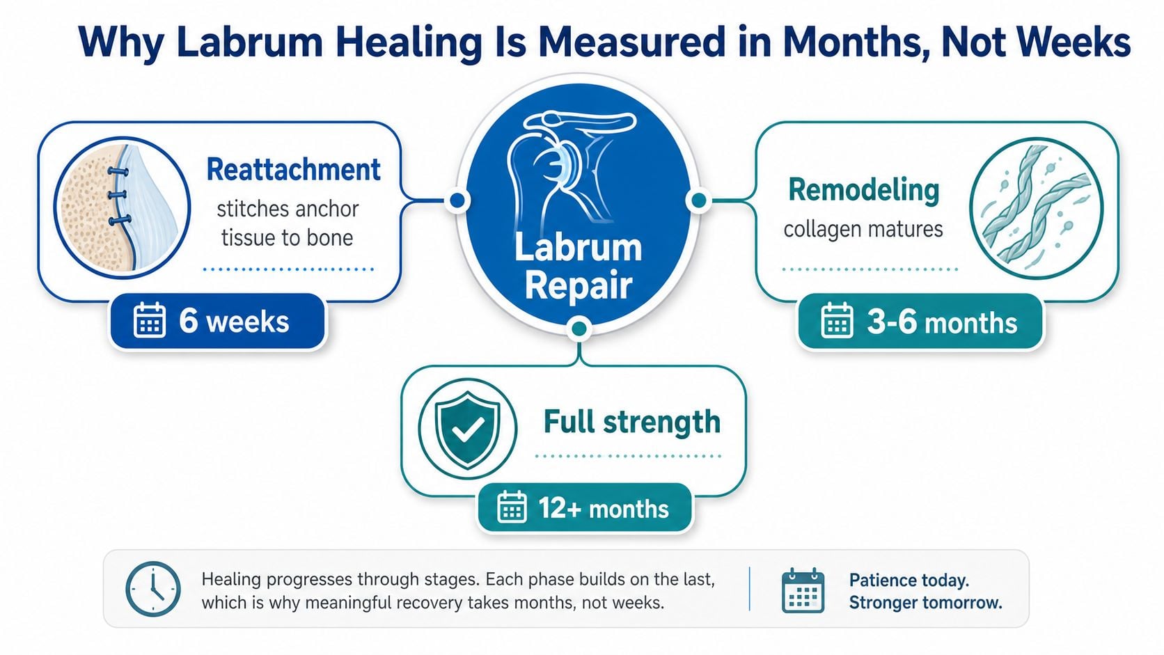 A medical infographic explaining the phases of labrum repair recovery, measuring healing from weeks to months.