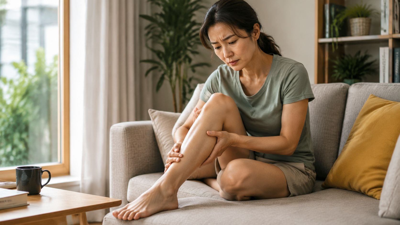 A woman sitting on a couch massaging her leg due to discomfort or muscle pain.