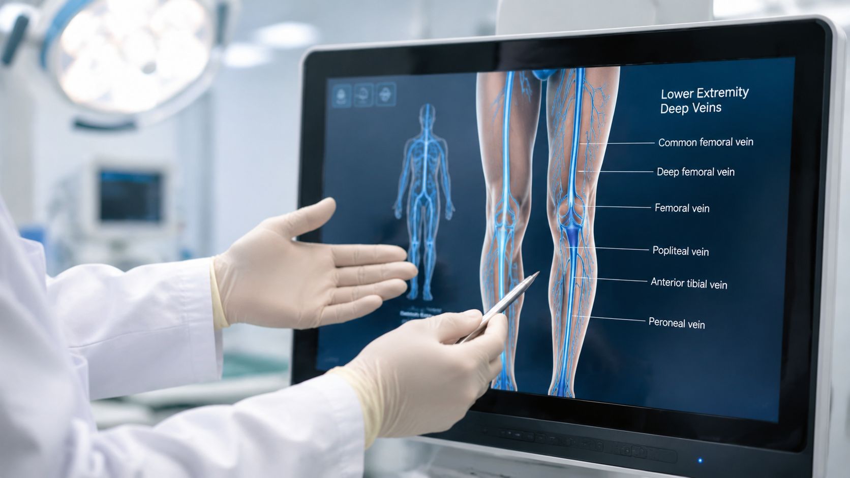 A doctor uses a stylus to point at an anatomical diagram of human lower extremity deep veins.
