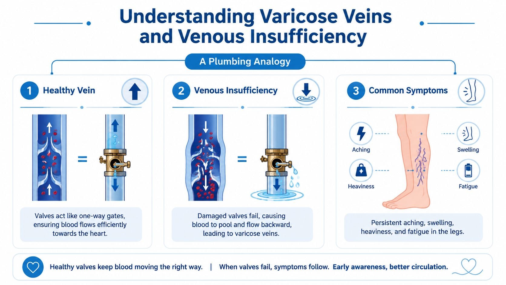 An infographic explaining how healthy veins function versus venous insufficiency, highlighting causes of varicose veins and symptoms.