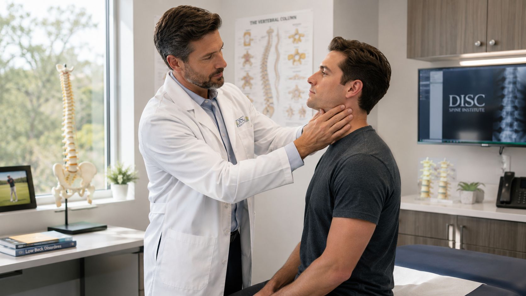 A doctor in a white lab coat examining a patient's neck in a professional medical office setting.