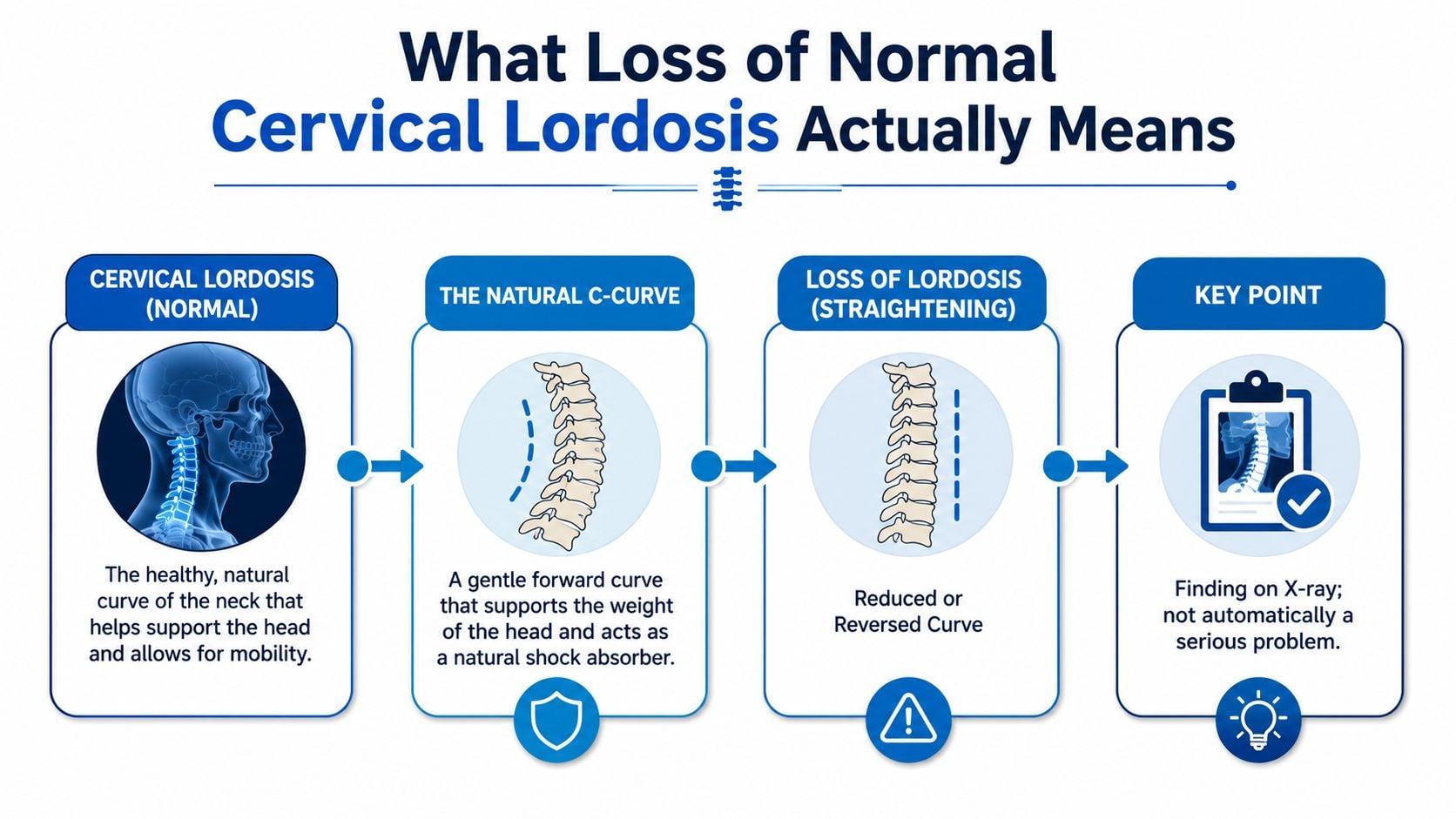 An infographic illustrating the difference between a normal cervical lordosis curve and a straightened spine condition.