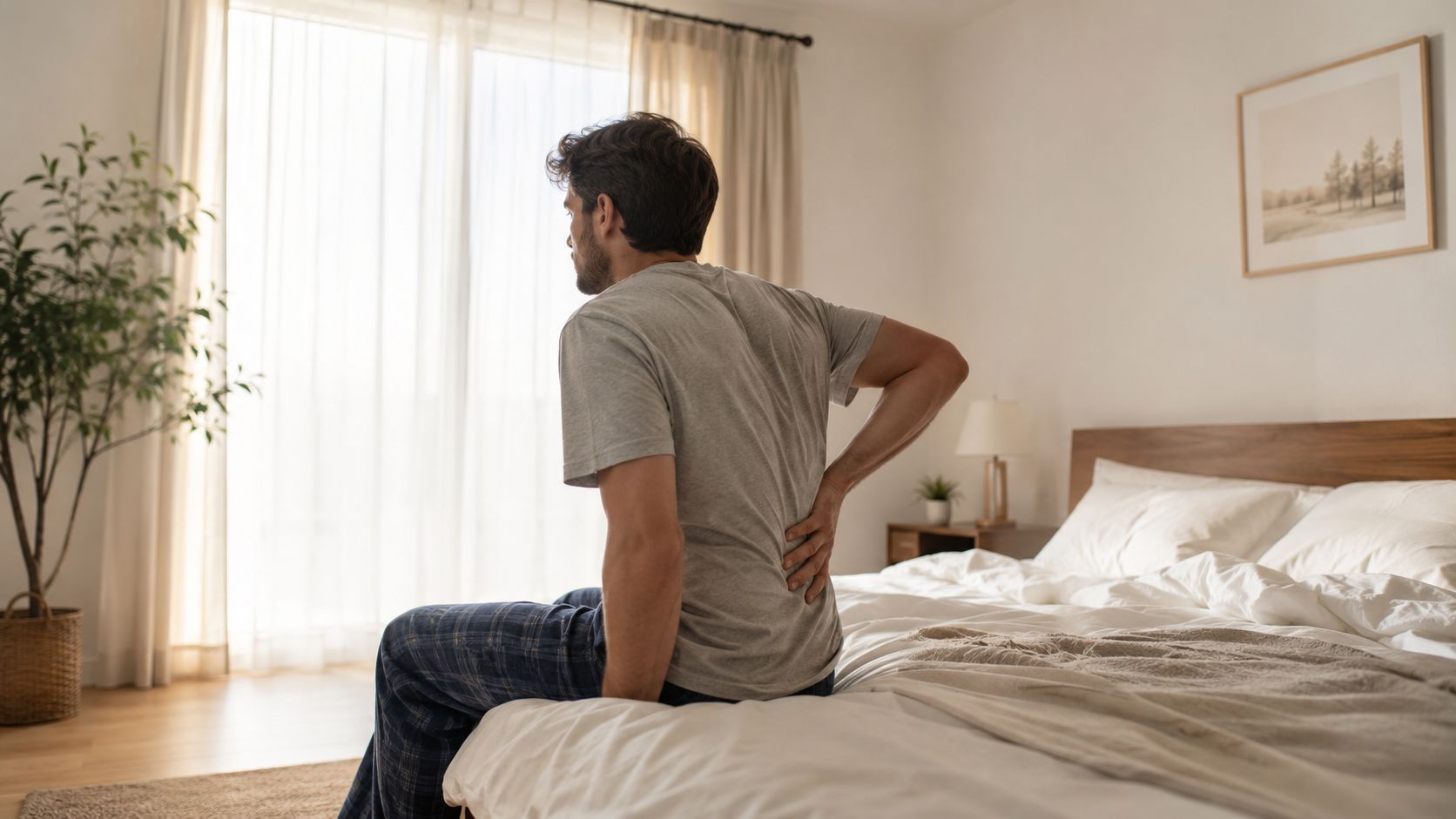 A man sitting on the edge of his bed while clutching his lower back in pain.