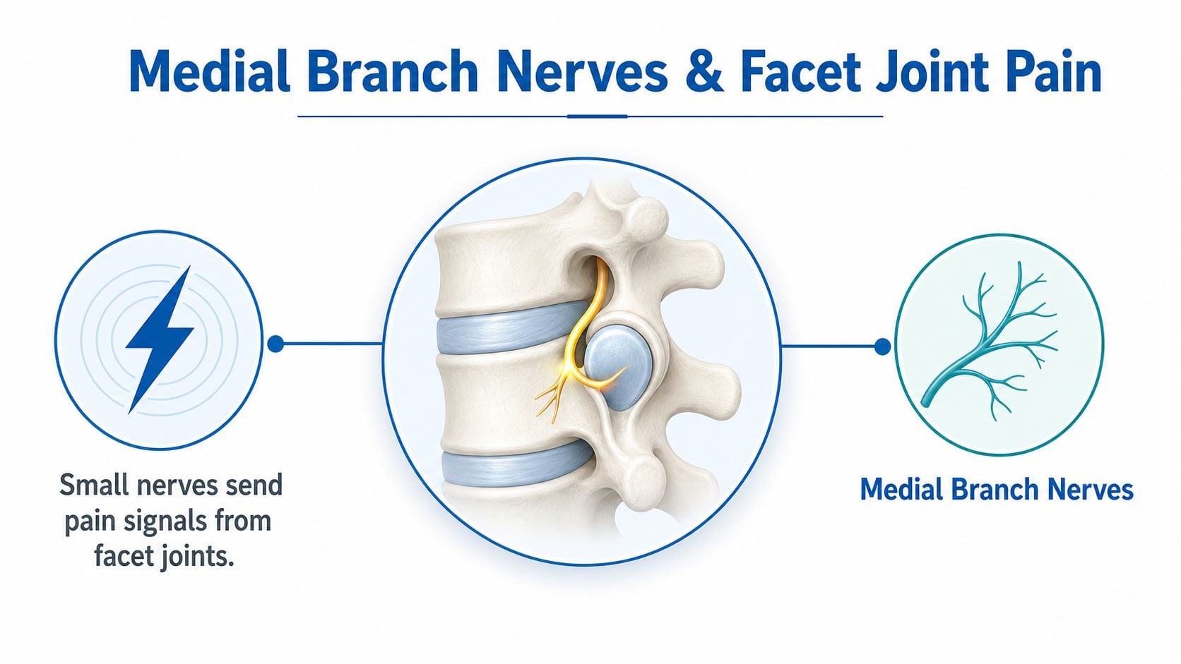 A medical illustration showing how medial branch nerves transmit pain signals from the spinal facet joints.