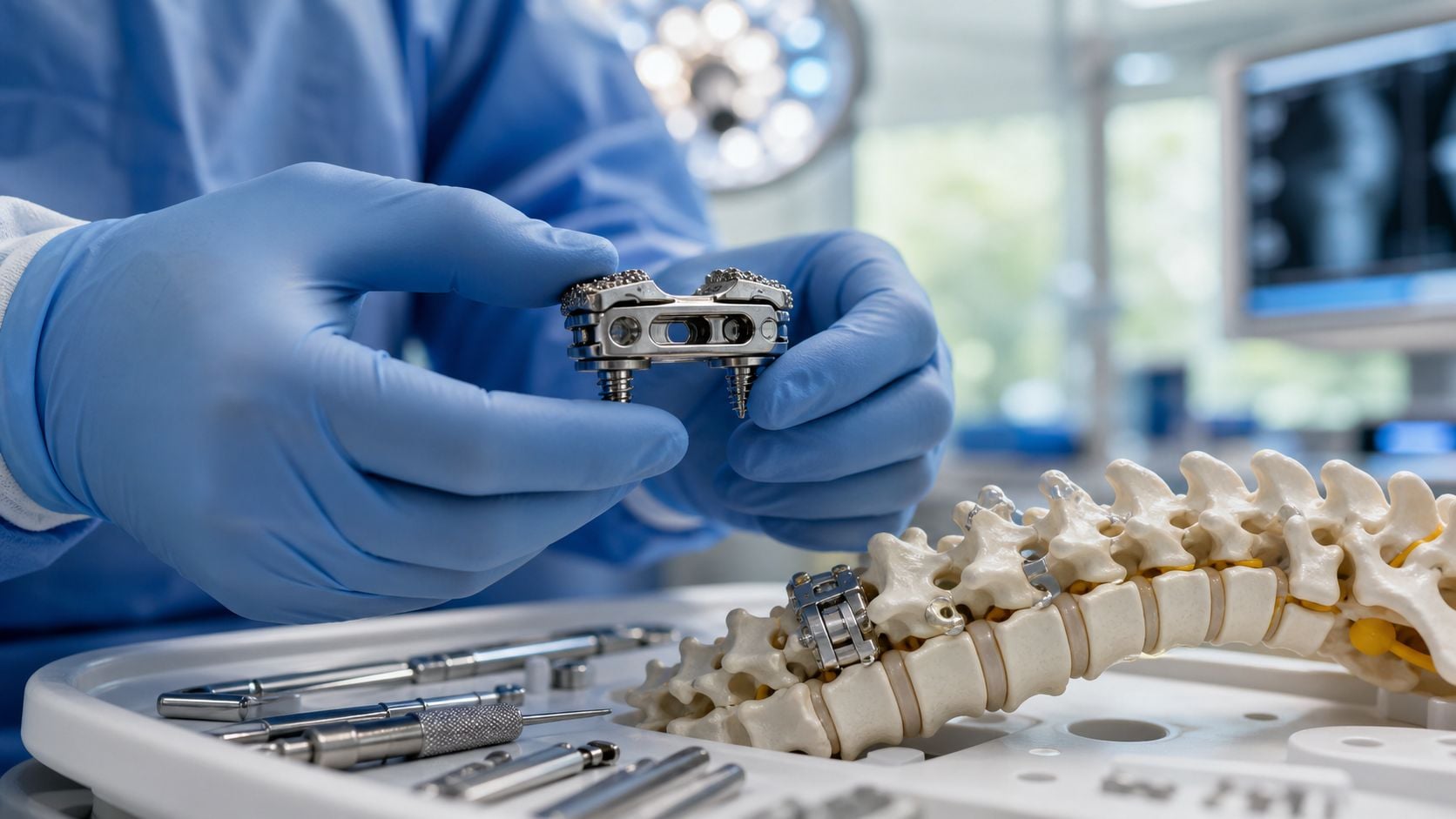 A surgeon holds a spinal implant device above a model of the human spine and surgical instruments.