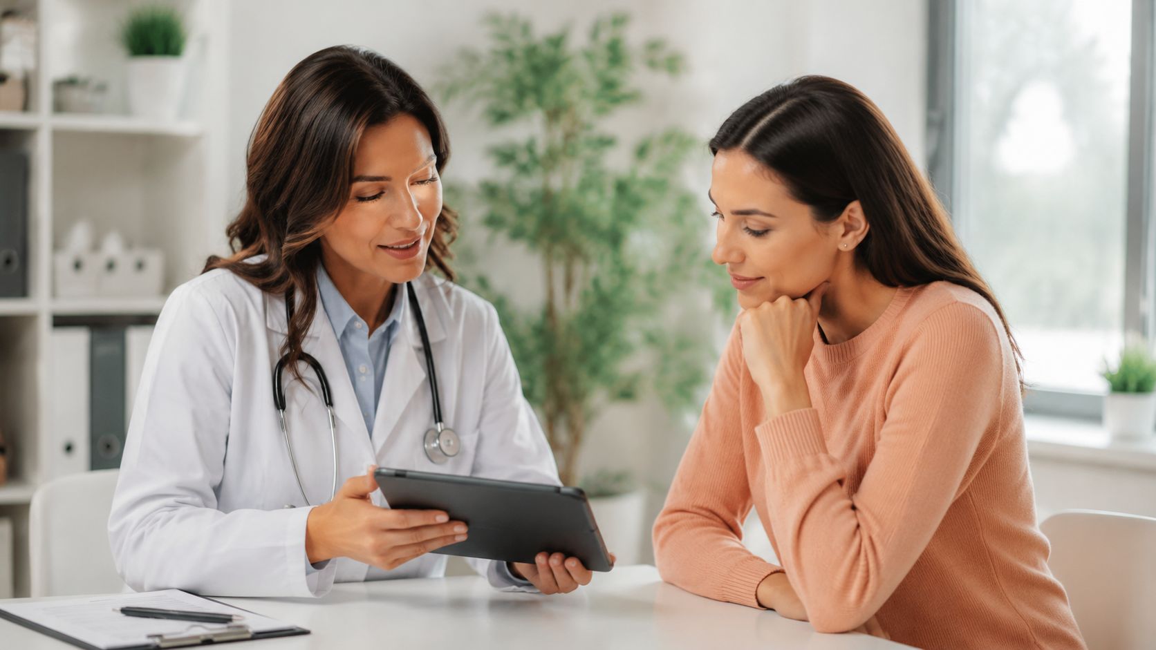 A professional female doctor explains medical results to a female patient using a tablet computer in office