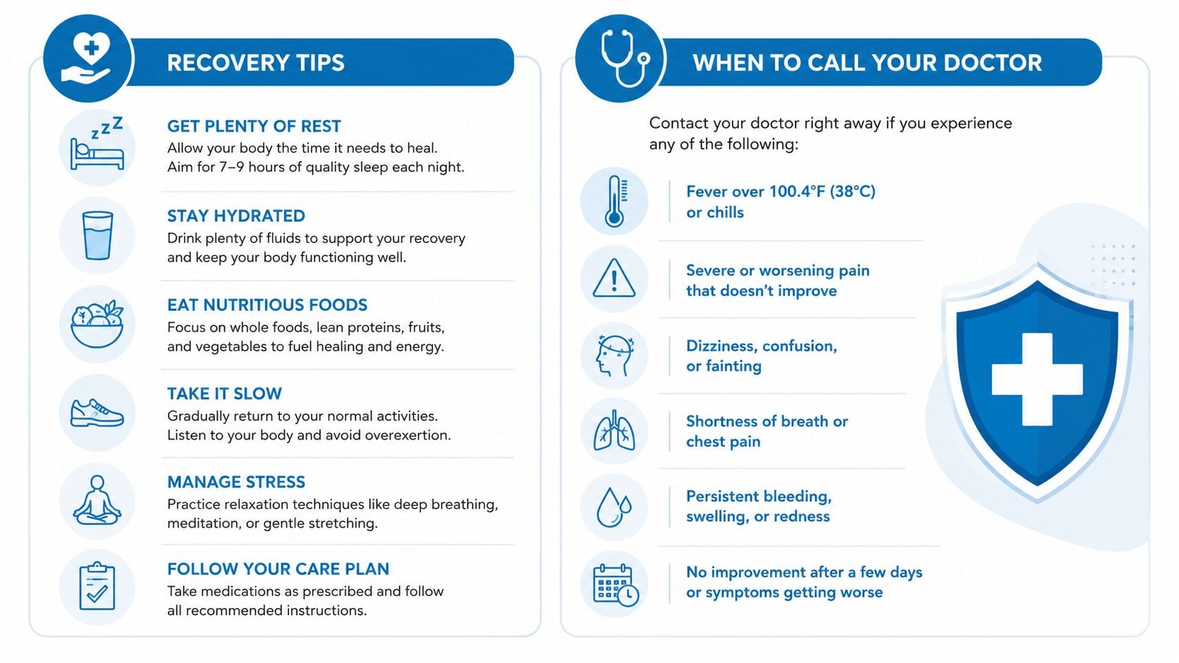 A medical infographic detailing post-procedure recovery tips and urgent warning signs for patients to contact their doctor.