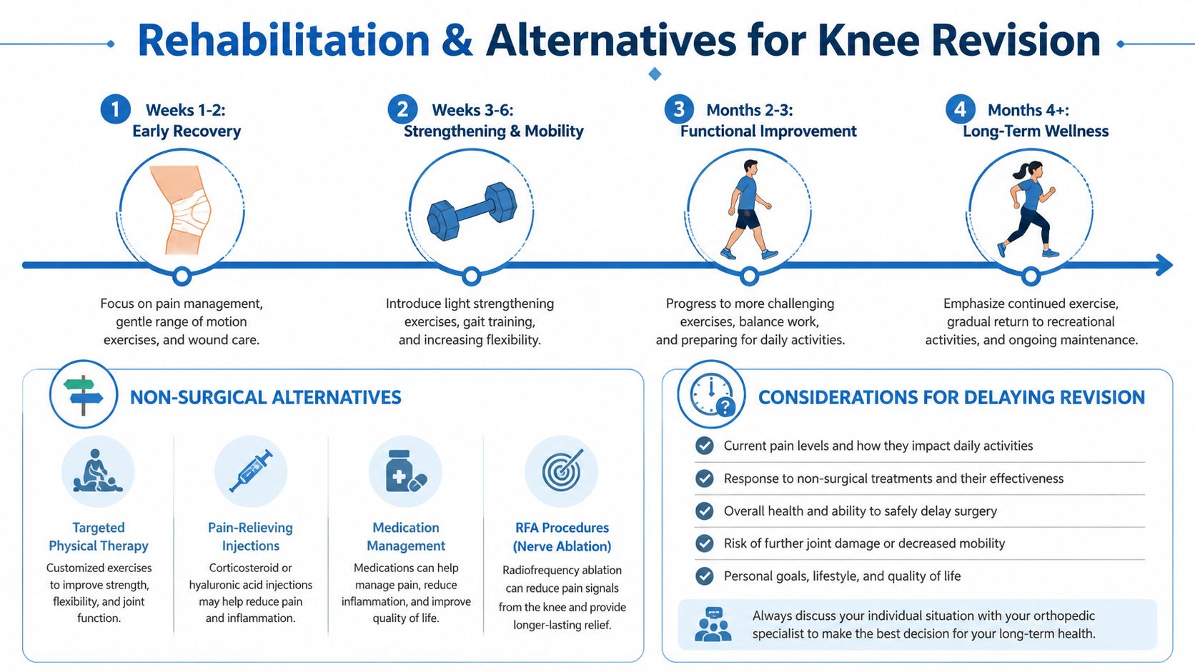 An infographic detailing the rehabilitation stages, non-surgical alternatives, and key considerations for knee revision surgery.