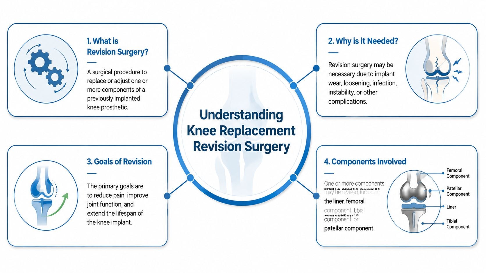 An infographic detailing knee replacement revision surgery including definitions, indications, goals, and the components involved.
