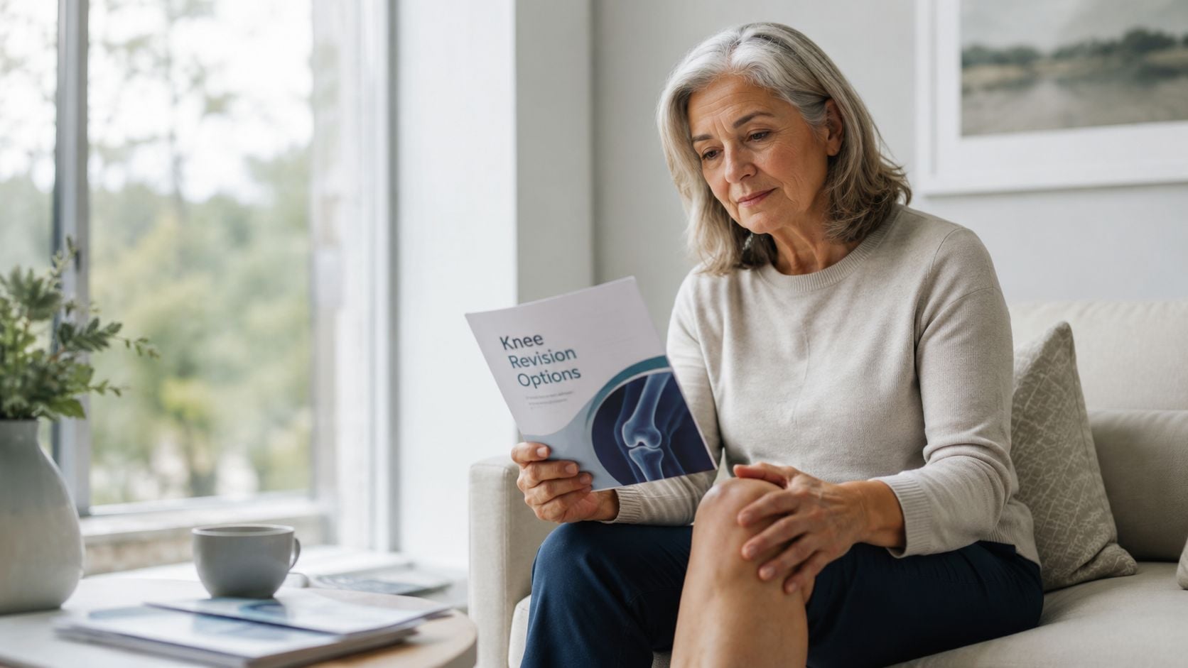 A mature woman sitting on a couch, holding a document titled Knee Revision Options while examining her knee.