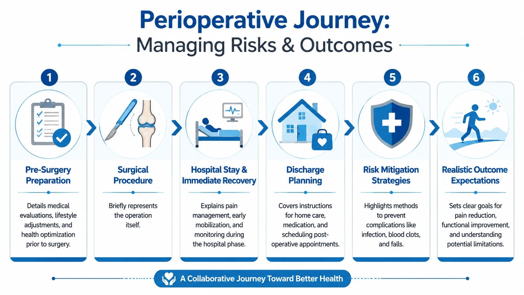 A six-step infographic detailing the perioperative journey for patients, covering pre-surgery through to realistic outcome expectations.