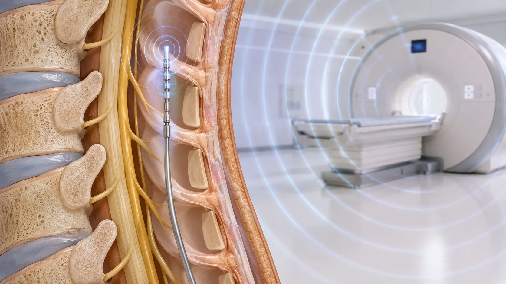 A medical illustration showing a spinal cord stimulator lead and an MRI scanner with electromagnetic waves.