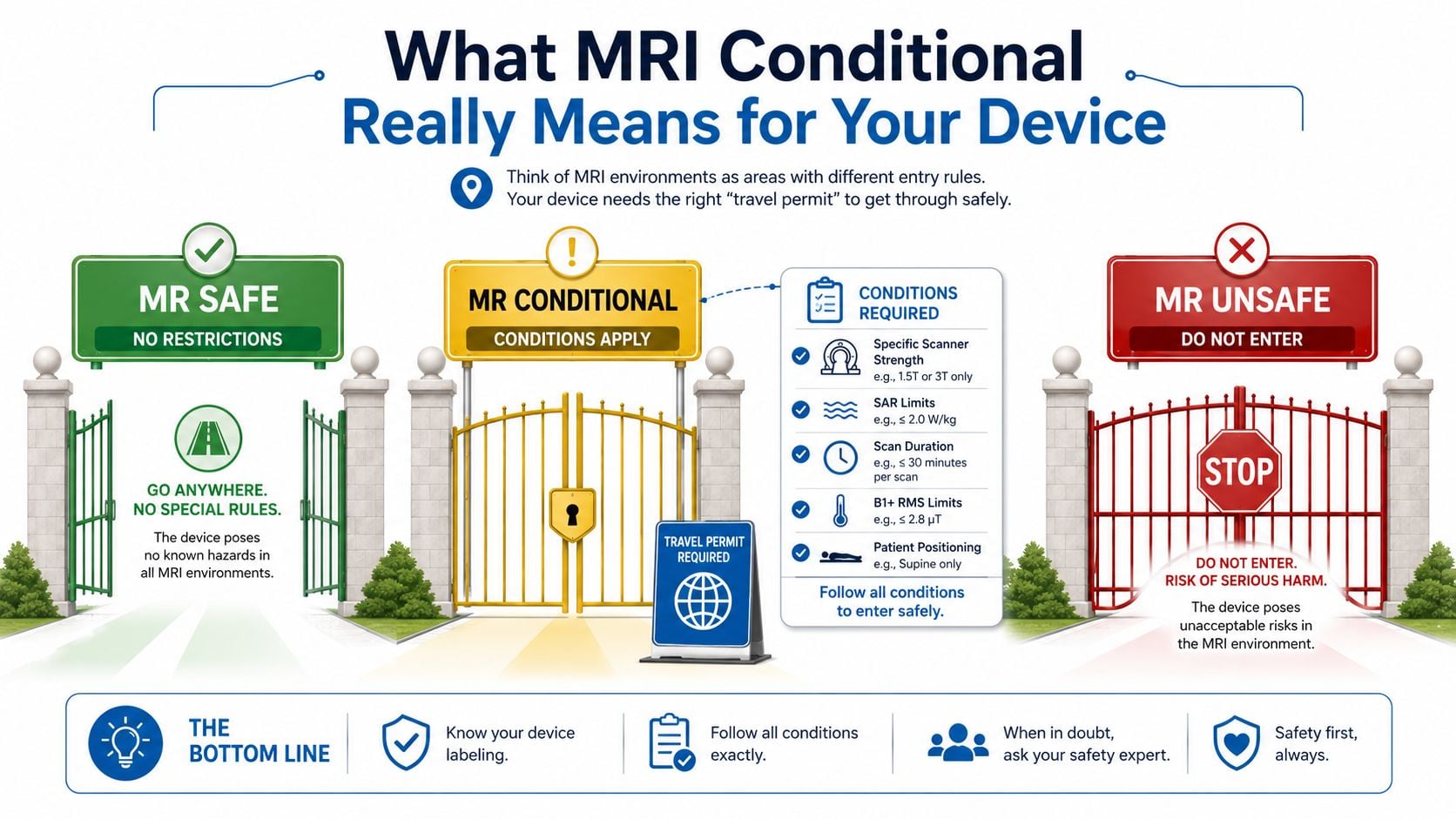 An infographic showing MRI safety labels for medical devices, explaining MR Safe, MR Conditional, and MR Unsafe categories.