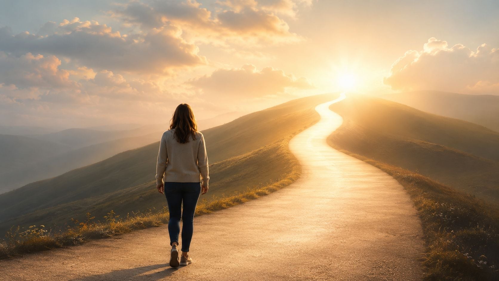 A woman walks down a winding, sunlit path leading towards a bright horizon over rolling hills.
