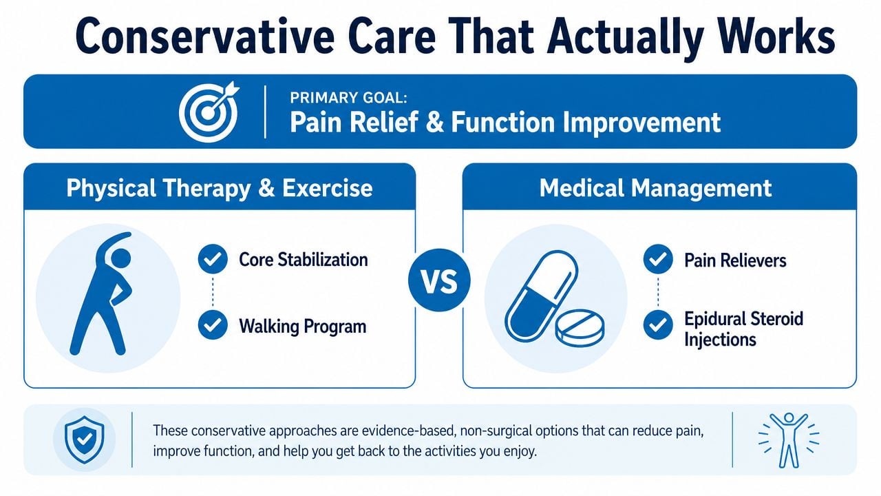 A diagram comparing physical therapy and medical management as conservative treatment options for spinal pain relief.