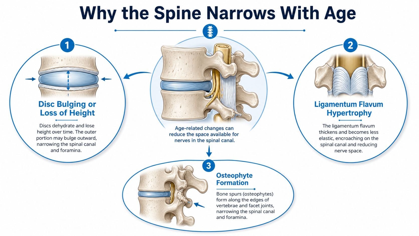 A diagram illustrating three primary age-related causes of spinal stenosis, including disc height loss, ligamentum flavum hypertrophy, and osteophyte formation.
