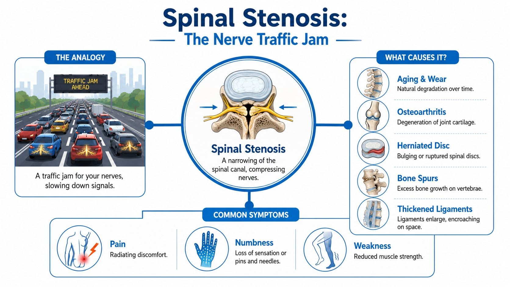 An infographic illustrating spinal stenosis, explaining it as nerve compression caused by various spinal conditions and symptoms.