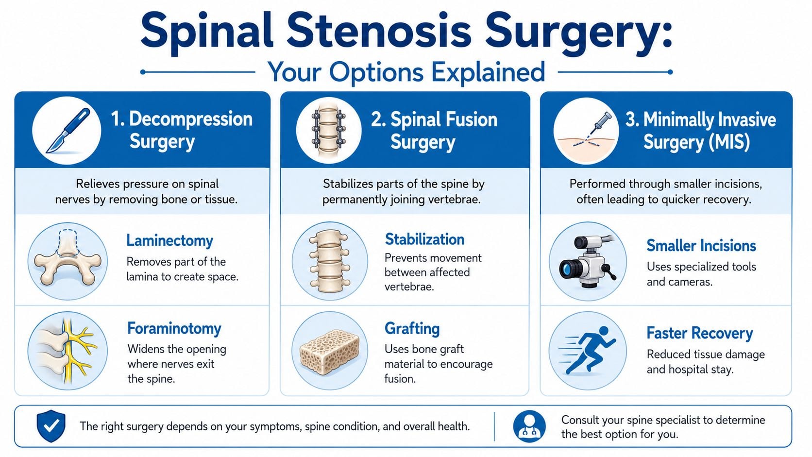 An infographic showing the three main types of surgery for spinal stenosis treatment and recovery options.