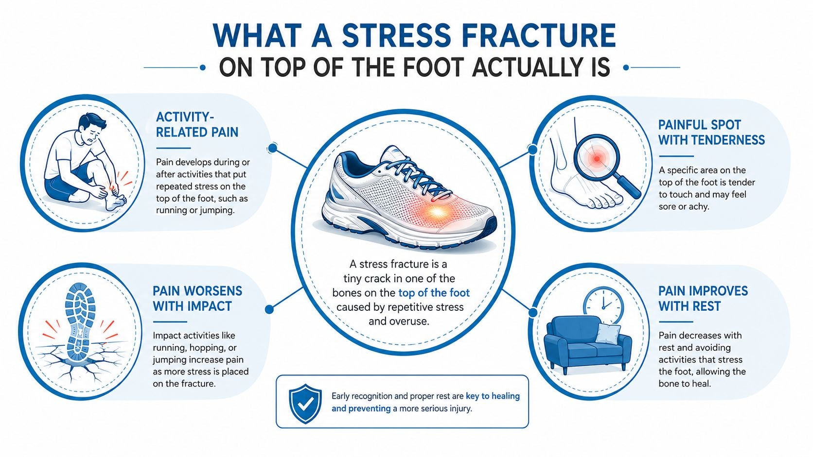 An infographic showing symptoms and definitions of a stress fracture on top of the foot.