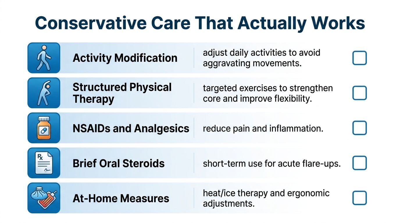 A list graphic illustrating five common conservative care treatment options for managing back and joint pain.