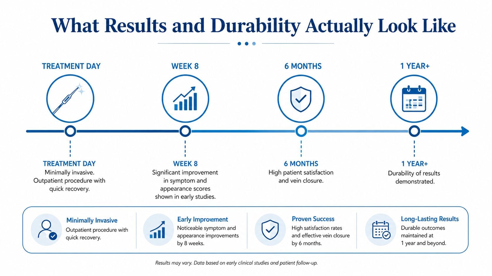 A timeline graphic illustrating the long-term results and durability of Varithena vein treatment from procedure to one year.