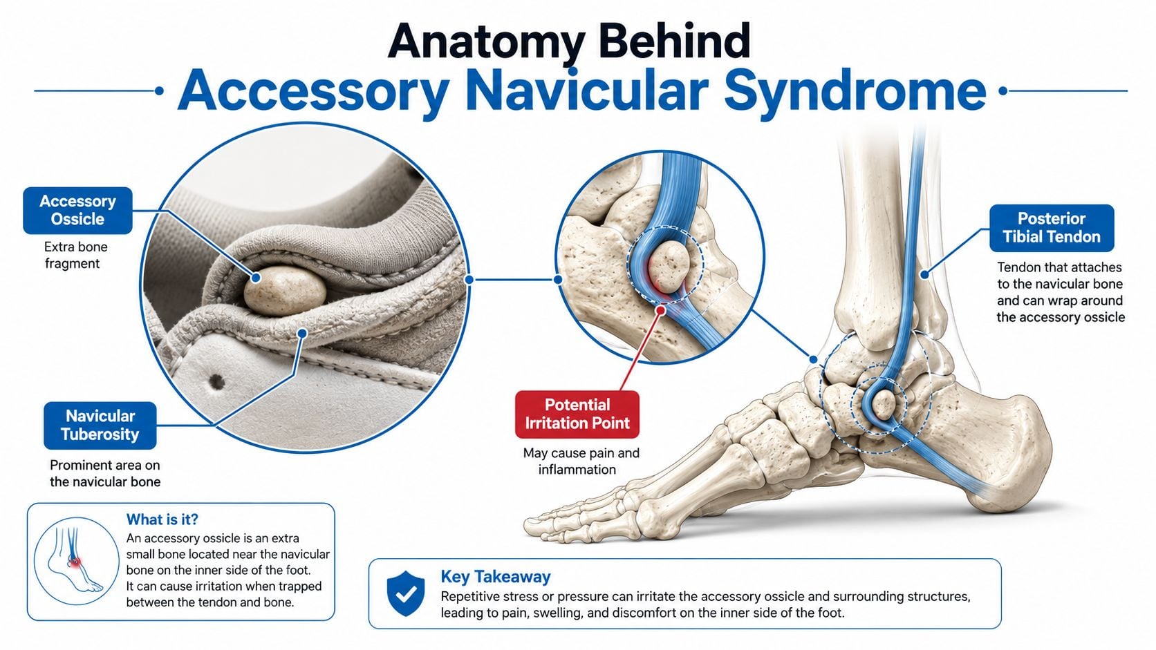 An anatomical diagram illustrating the foot bones, the posterior tibial tendon, and an accessory navicular bone fragment.