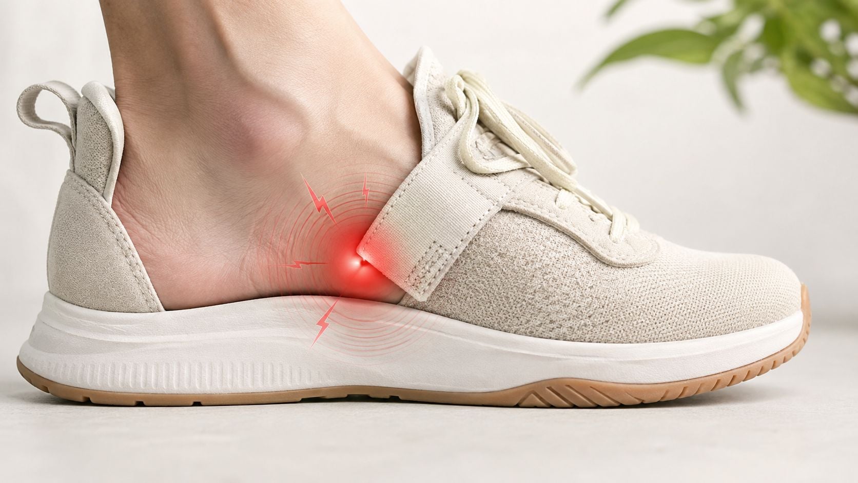 A close-up side view of a foot wearing a sneaker with red pain markers on the arch.