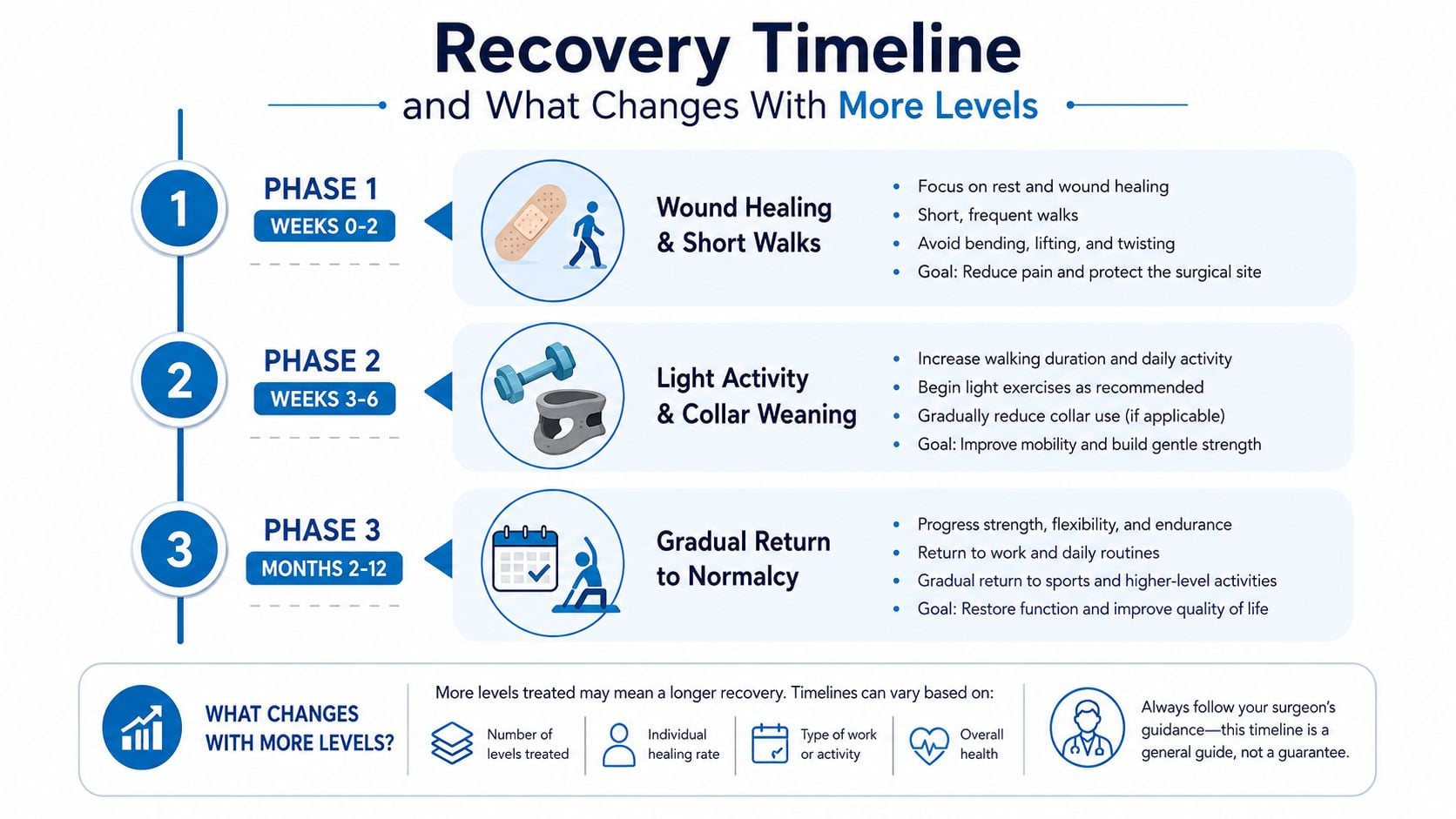 A recovery timeline chart for ACDF spine surgery showing three phases of activity from weeks to months.
