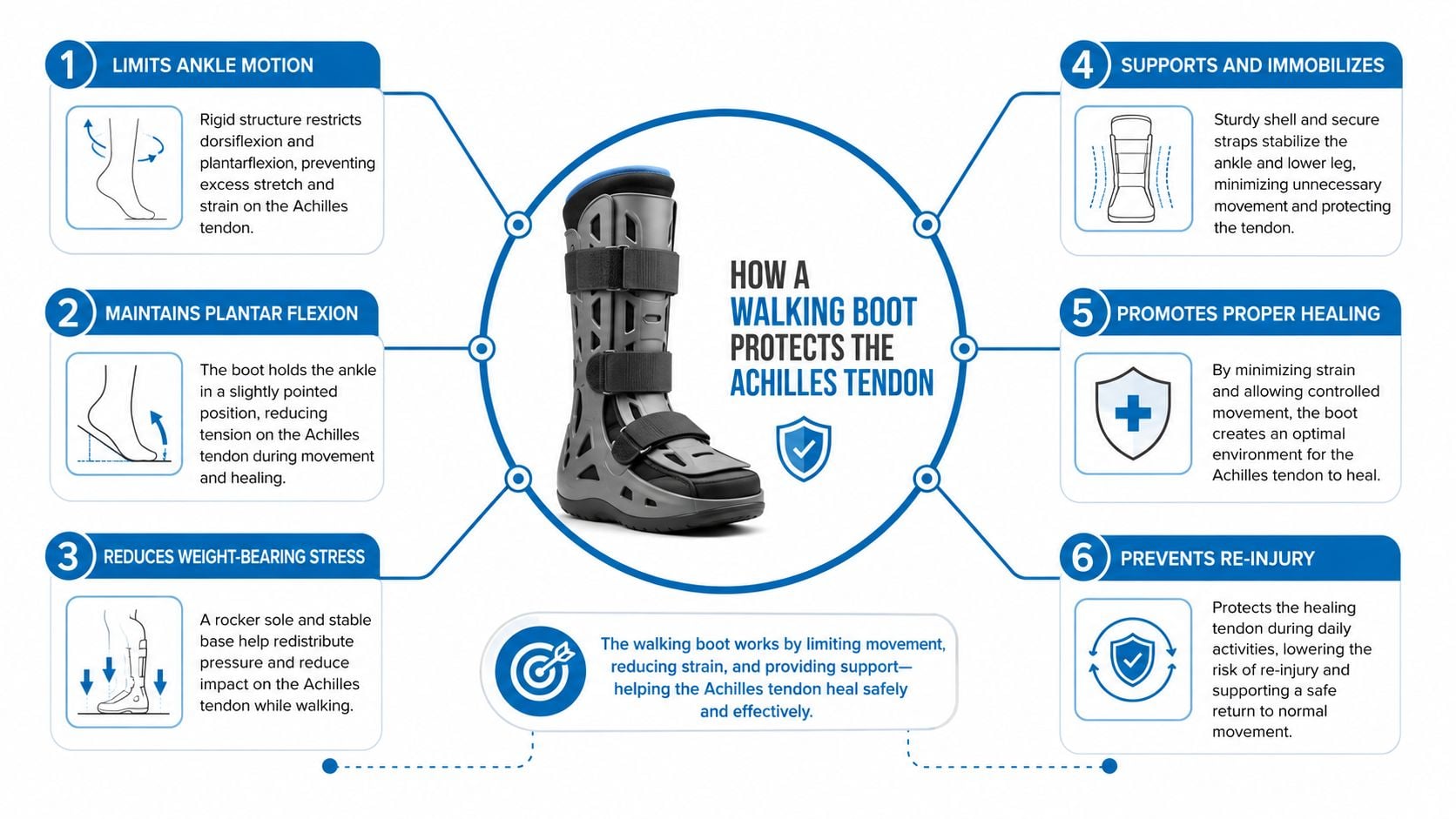 A detailed infographic explaining how a walking boot protects and promotes healing for an injured Achilles tendon.
