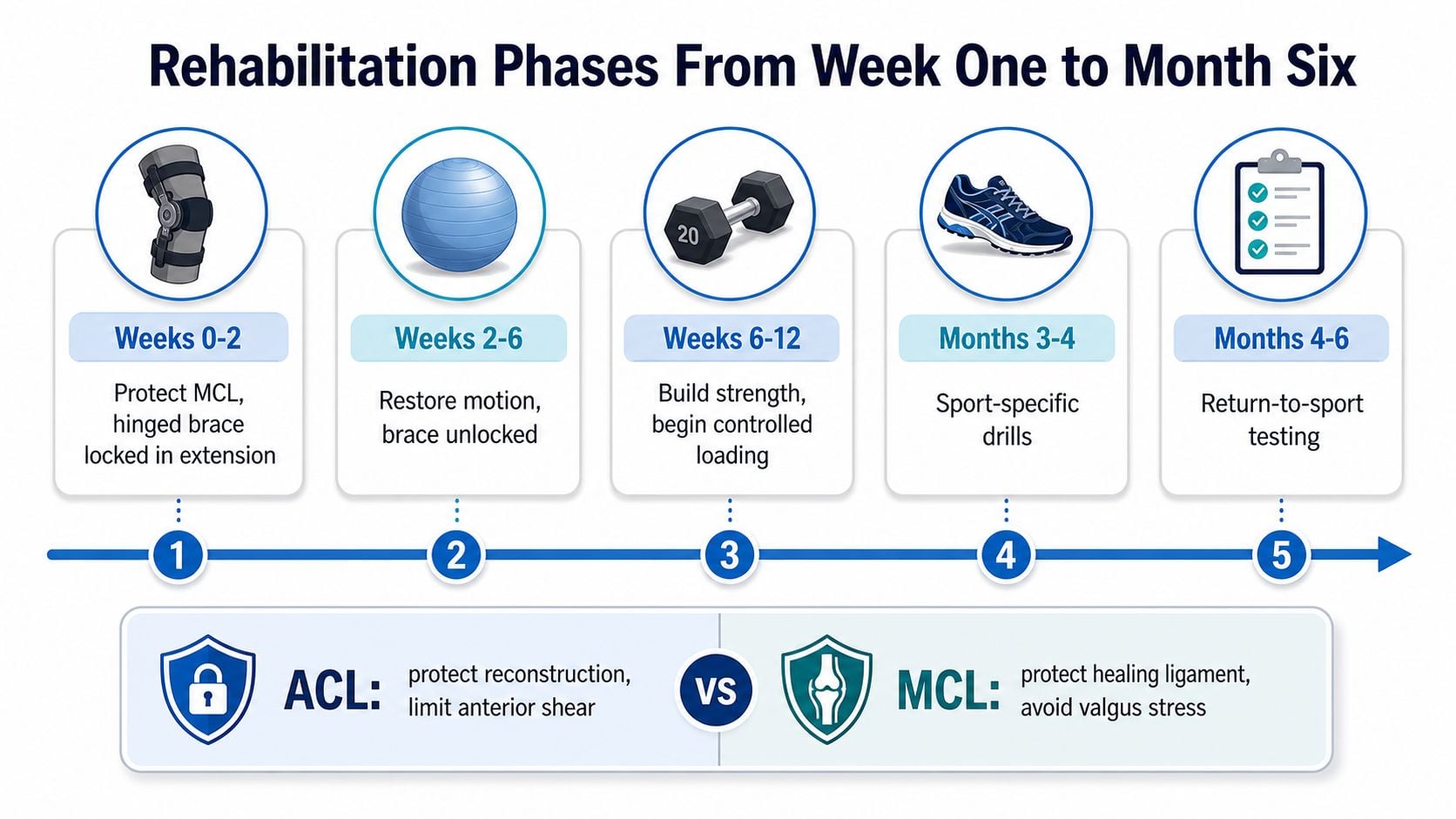 A timeline chart illustrating rehabilitation phases from week one to month six following ACL and MCL knee surgery.