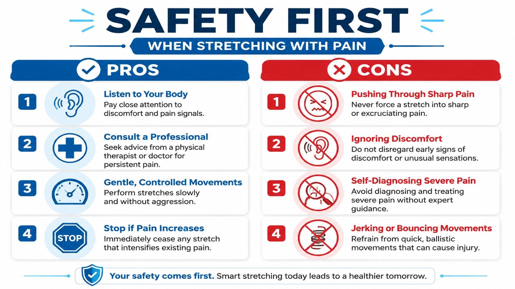 An infographic titled Safety First illustrating pros and cons to consider when performing stretching exercises with pain.